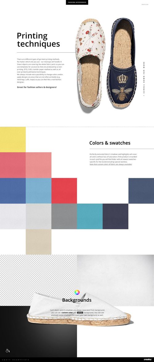 Canvas espadrilles mockup set showing two pairs of shoes from top view, one with a bee motif, one with floral pattern.