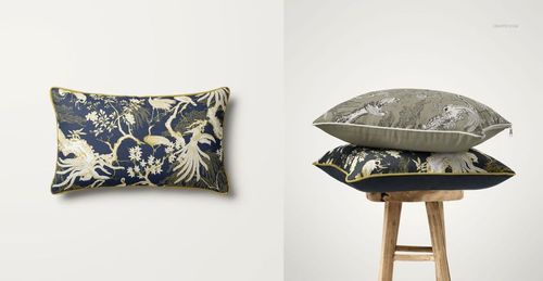 PSD mockup of decorative cushions with piped trim, showing both a close-up front view and a stacked side view.