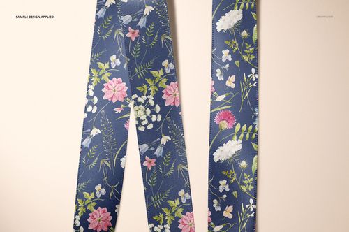 Floral patterned ribbons displayed side by side, showcasing a PSD mockup for fabric design presentation.