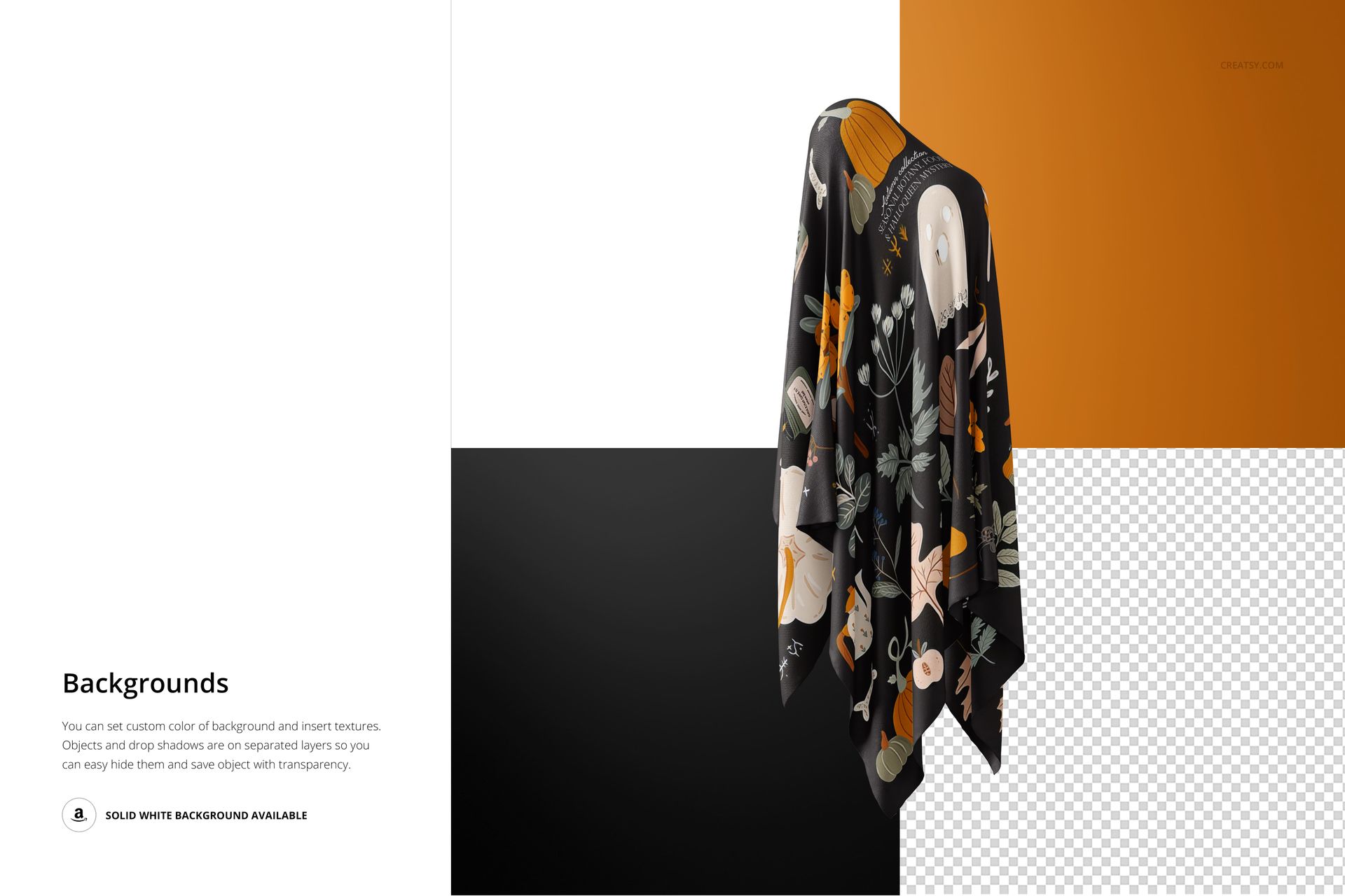 Halloween-themed ghost fabric mockup draped on a hanger, featuring black fabric with spooky patterns and autumn colors.