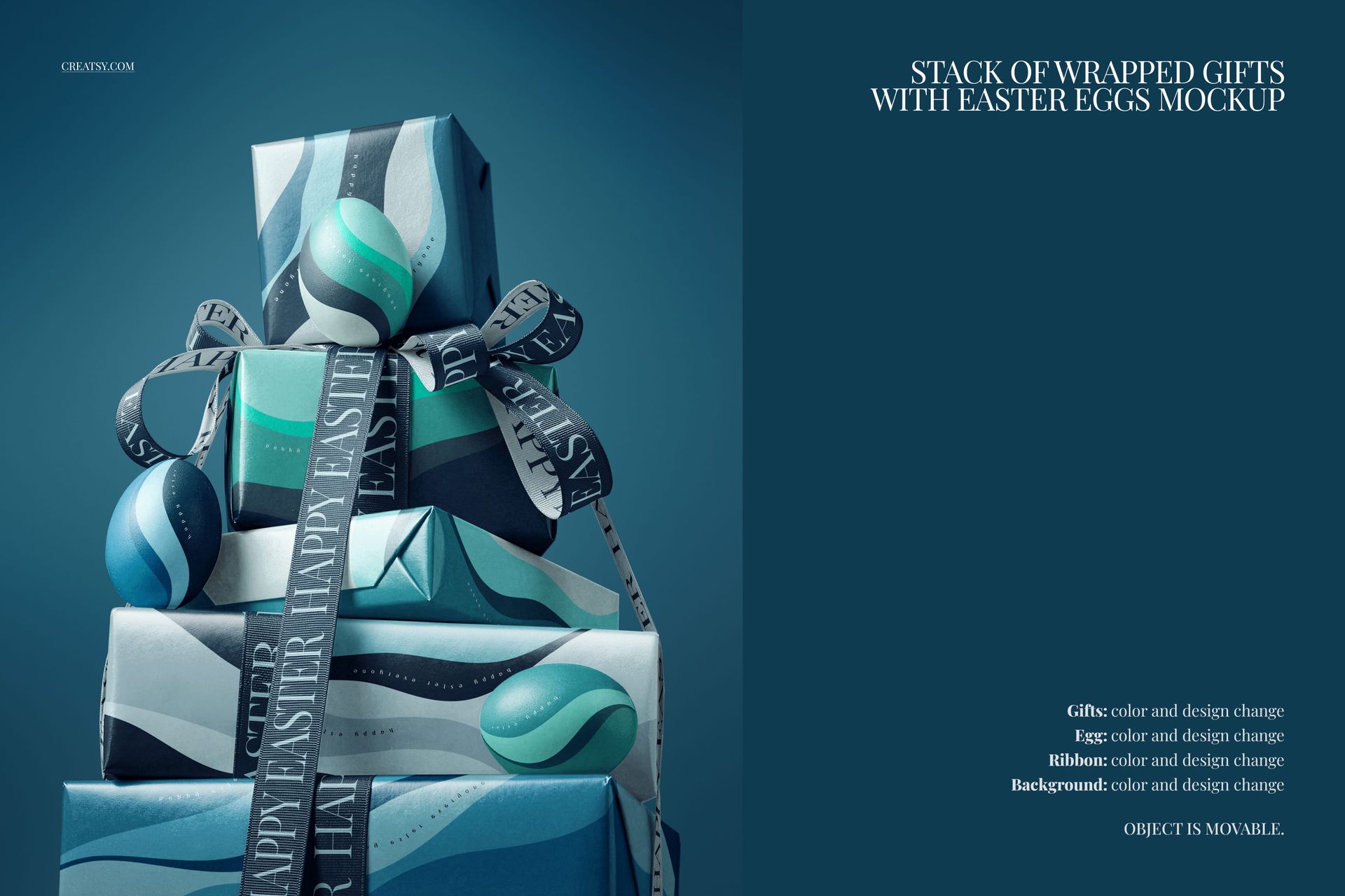 PSD mockup showing stacked Easter presents with patterned wrapping paper, ribbons, and a blue themed backdrop.