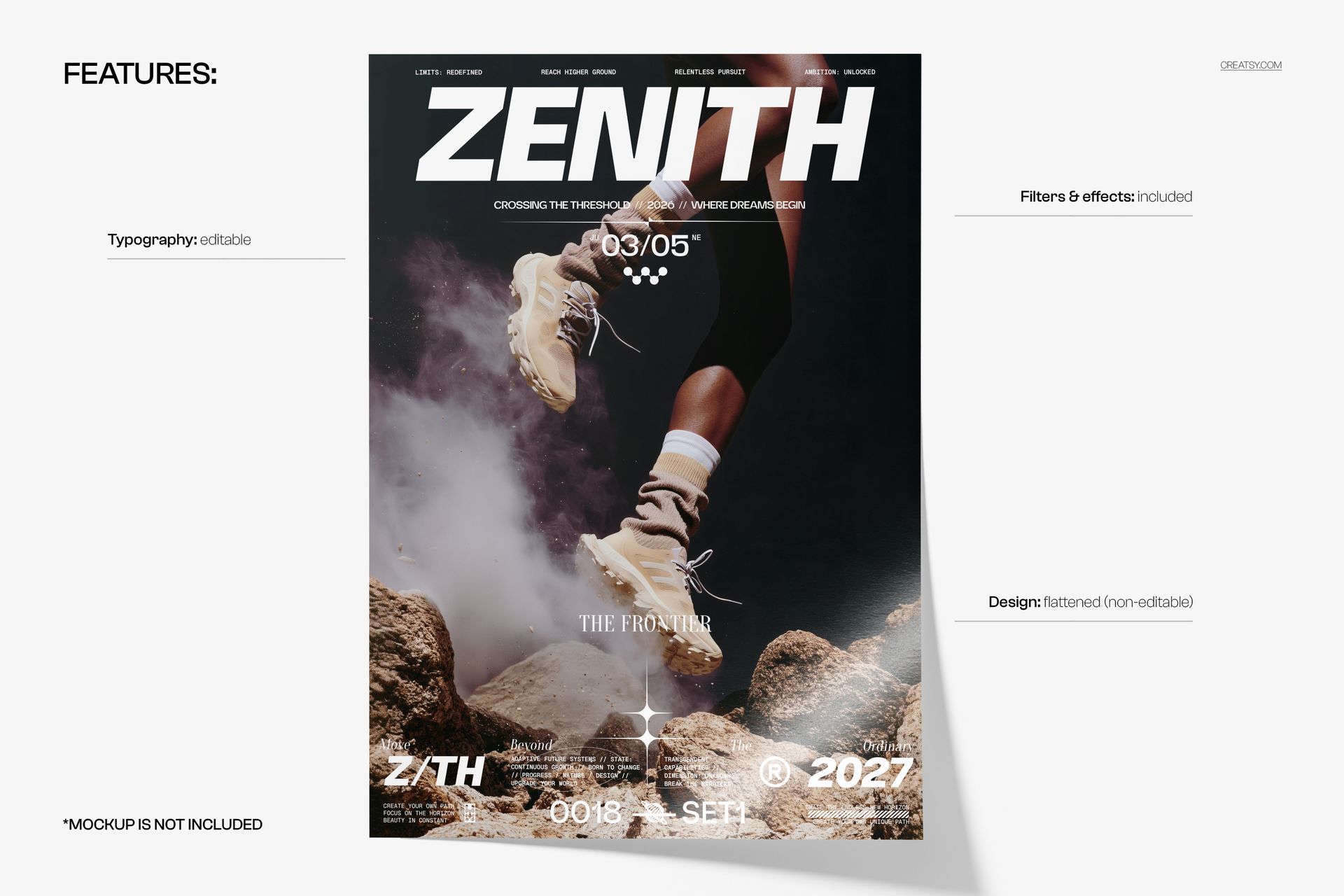 Poster mockup showing a front view of a person jumping over rocky terrain, with bold text and editable features highlighted.