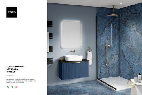 Modern bathroom mockup featuring blue marble walls and floor, wall-mounted vanity, and glass shower enclosure.