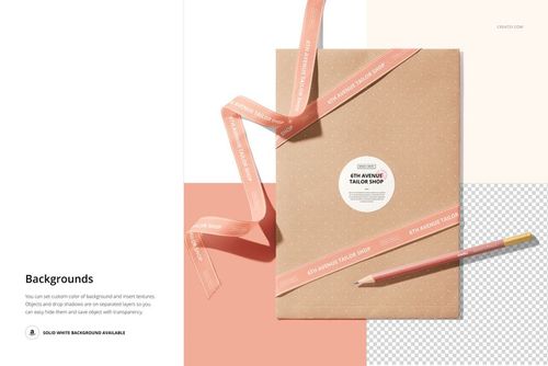 Shipping envelope wrapped in brown paper with white dots, decorated with pink ribbon and sticker, top view mockup.