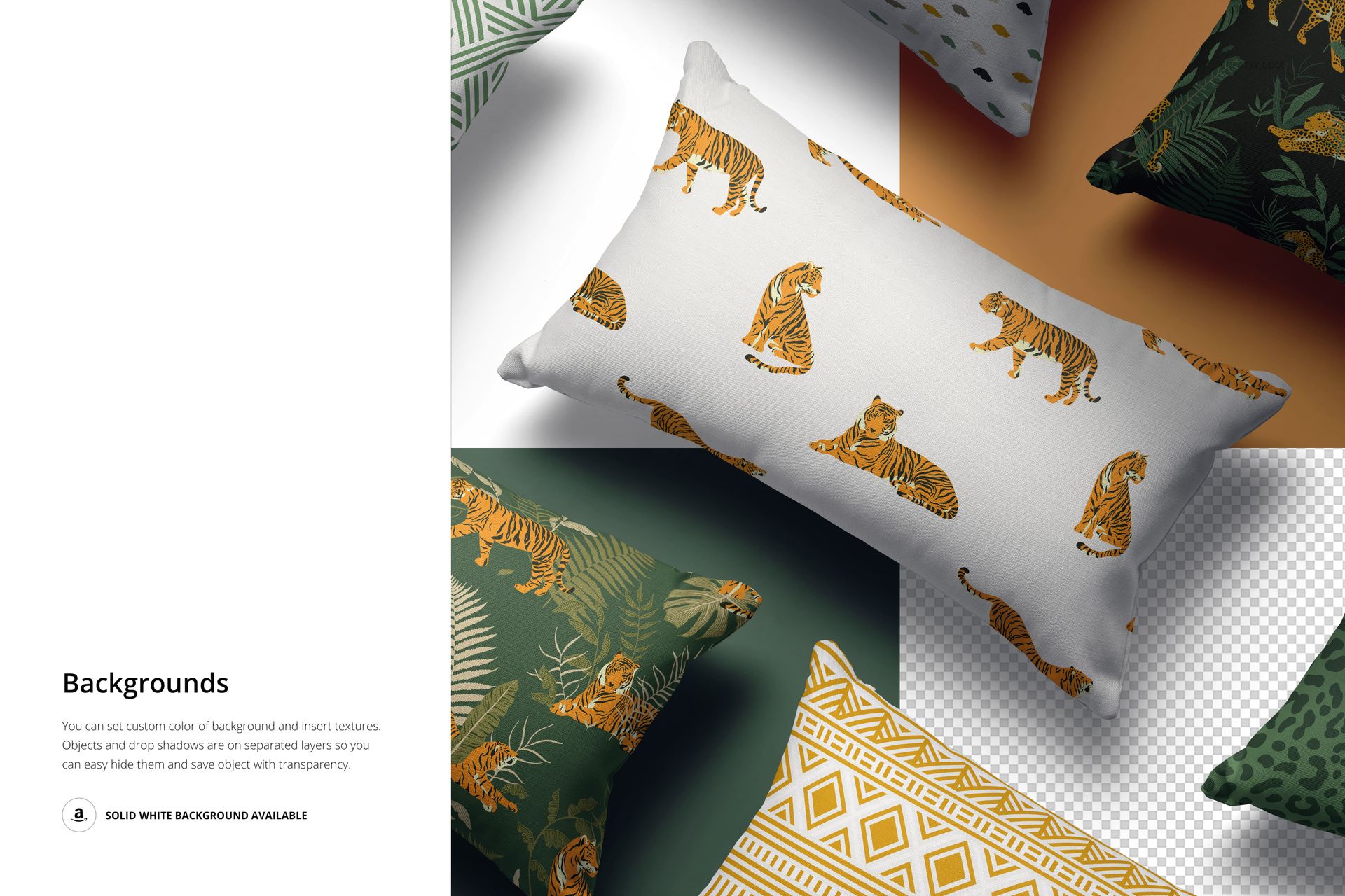 Group of rectangular pillows with various patterns, including tigers and geometric designs, displayed in a mockup scene.