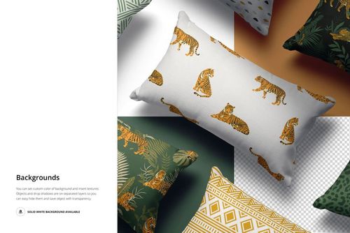 Group of rectangular pillows with various patterns, including tigers and geometric designs, displayed in a mockup scene.