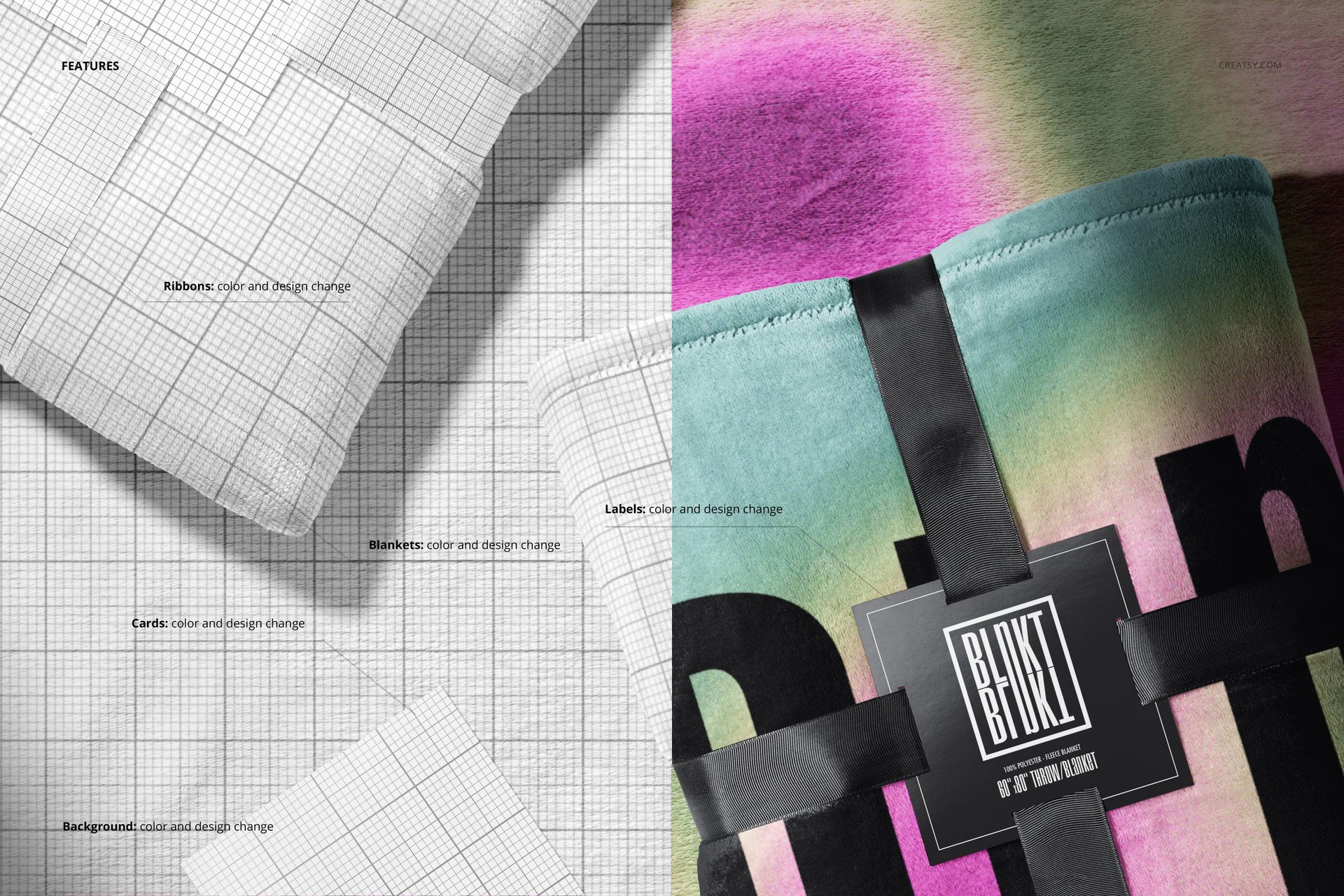 Fleece blanket mockup featuring a folded blanket with a colorful gradient pattern and black ribbon label, shown in close-up.