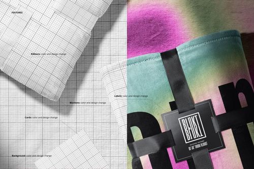 Fleece blanket mockup featuring a folded blanket with a colorful gradient pattern and black ribbon label, shown in close-up.