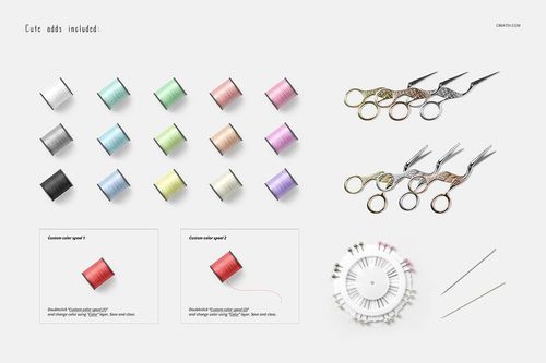 Burp cloth mockup scene featuring colorful spools of thread, embroidery scissors, pins, and sewing needles on a white background.