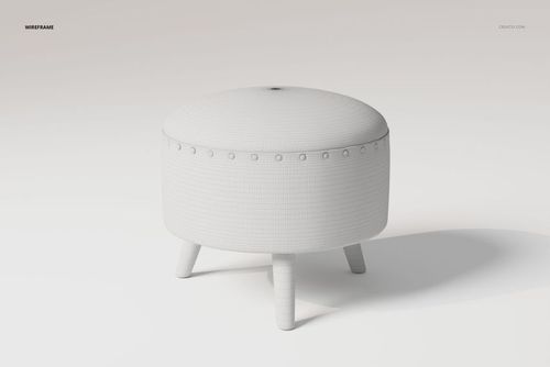 Round leather-upholstered ottoman 3D model in white, shown in wireframe view with four angled legs on a plain background.