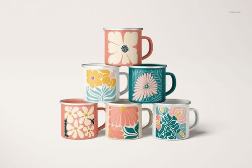 PSD mockup showing enamel mugs with silver rims, each with unique botanical artwork, set against a neutral backdrop.