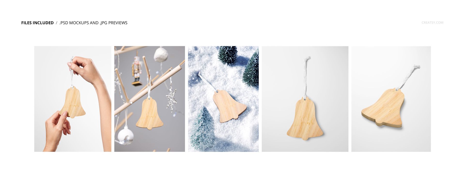 Wooden bell ornaments shown in multiple mockup scenes, featuring close-up and outdoor snowy settings.