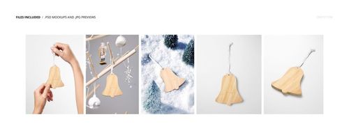 Wooden bell ornaments shown in multiple mockup scenes, featuring close-up and outdoor snowy settings.