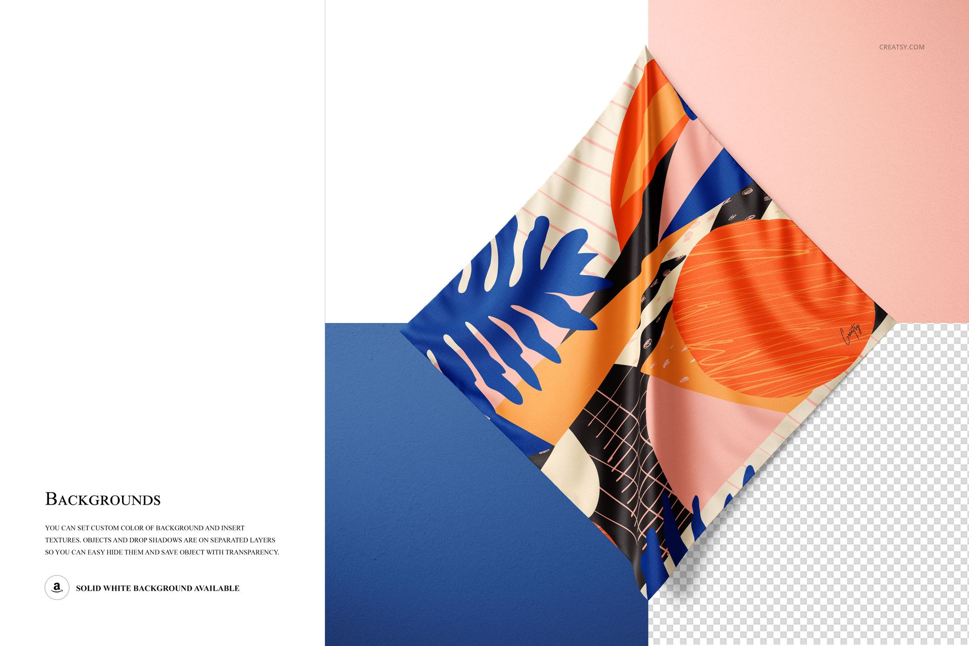 PSD mockup of a square silk scarf featuring bold geometric and leaf designs, displayed on a wall with multiple color panels.