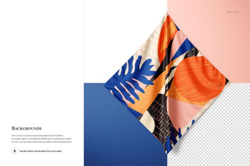 PSD mockup of a square silk scarf featuring bold geometric and leaf designs, displayed on a wall with multiple color panels.
