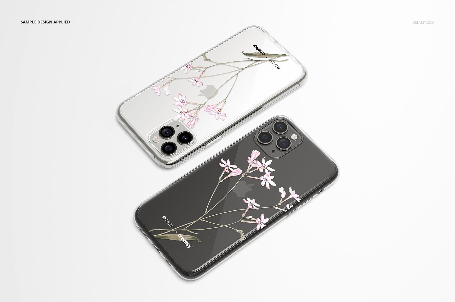 Two iPhone 11 Pro clear cases with floral designs, displayed on a light surface in a top view mockup scene.
