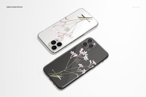 Two iPhone 11 Pro clear cases with floral designs, displayed on a light surface in a top view mockup scene.