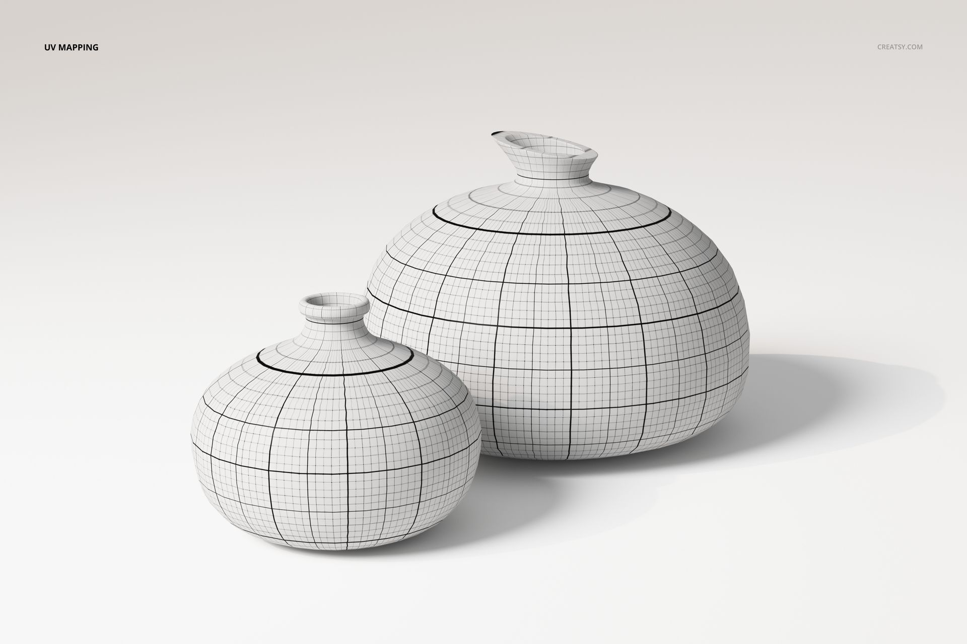 Front view of two round bellied ceramic vases with visible UV mapping grid lines on a plain light background.