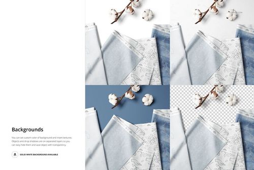 Folded fabric mockup PSD showing multiple patterned textiles, cotton props, and assorted background options from above.