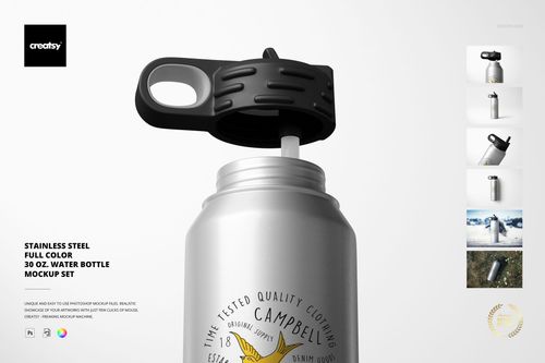 Mockup of a 30 oz stainless steel water bottle with a black lid, displayed in a realistic scene with side images.