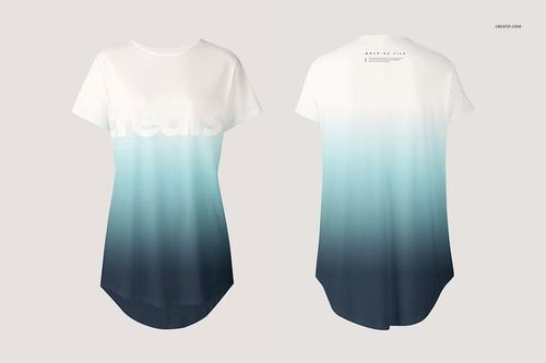Women's longline t-shirt mockup showing both front and back, featuring a blue ombre gradient and short sleeves.