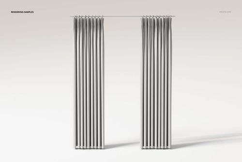 Front view of two tall French pleat curtains in light gray, hanging from a slim rod against a plain background.