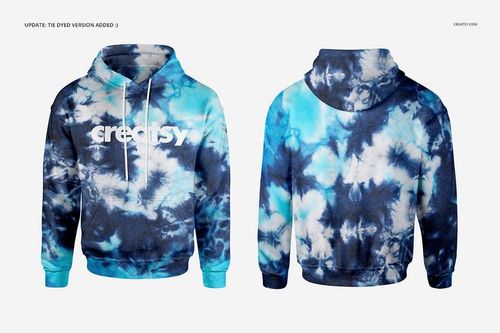 Front and back views of a men's hoodie mockup featuring a vibrant blue and white tie-dye design.