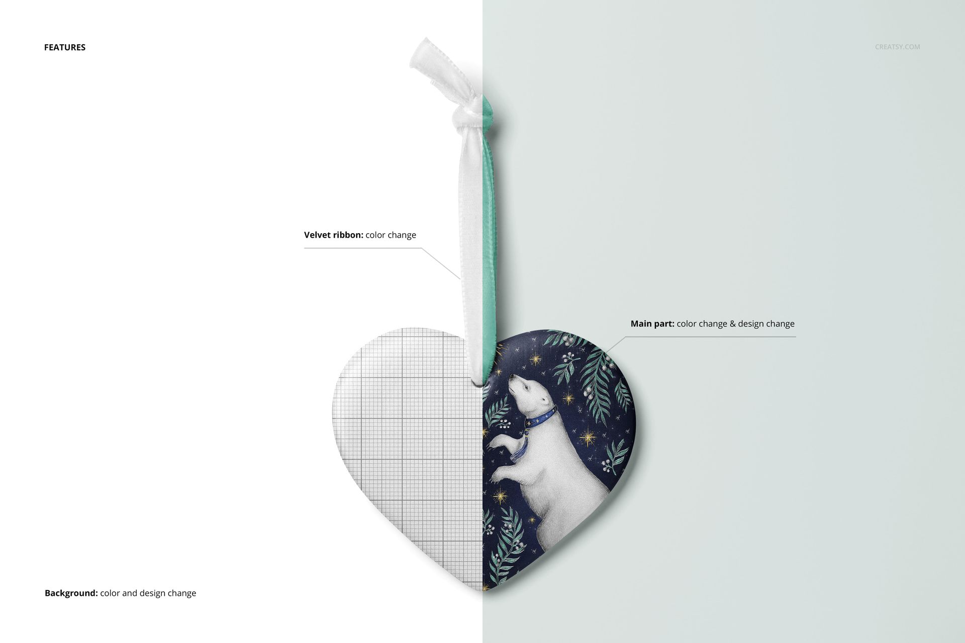 Heart-shaped Christmas ornament mockup featuring a split design, with one half showing a polar bear illustration and the other half a grid pattern.