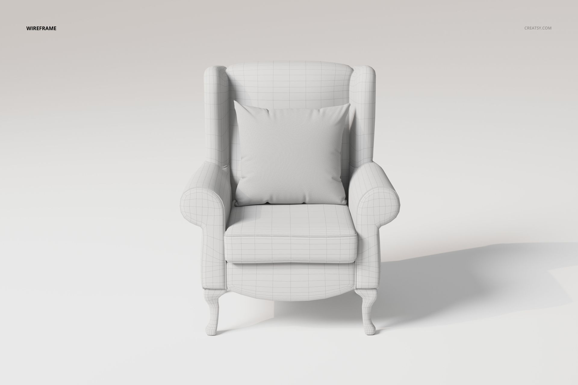 Front view of a rolled arm wing chair 3D model in a light gray wireframe texture, set against a plain background.