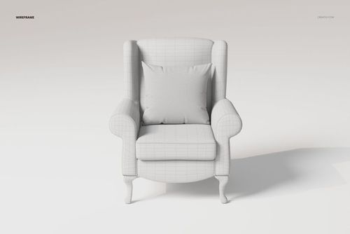 Front view of a rolled arm wing chair 3D model in a light gray wireframe texture, set against a plain background.