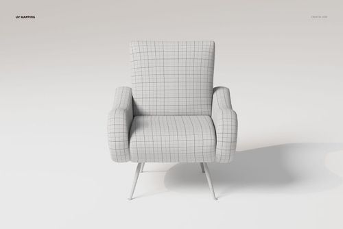 Front view of a lounge chair 3D model with grid pattern on upholstery, set against a plain light background.