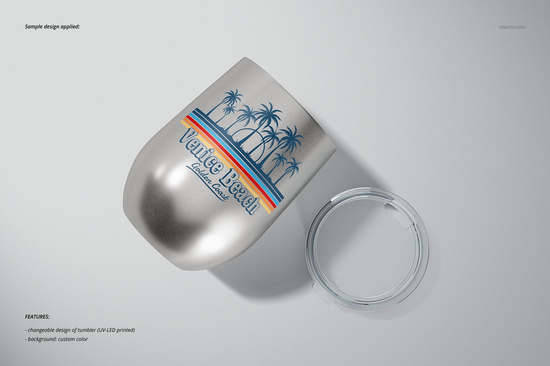 Stemless wine cup mockup with a silver metallic finish, palm tree graphic, and clear plastic lid, shown in top view.