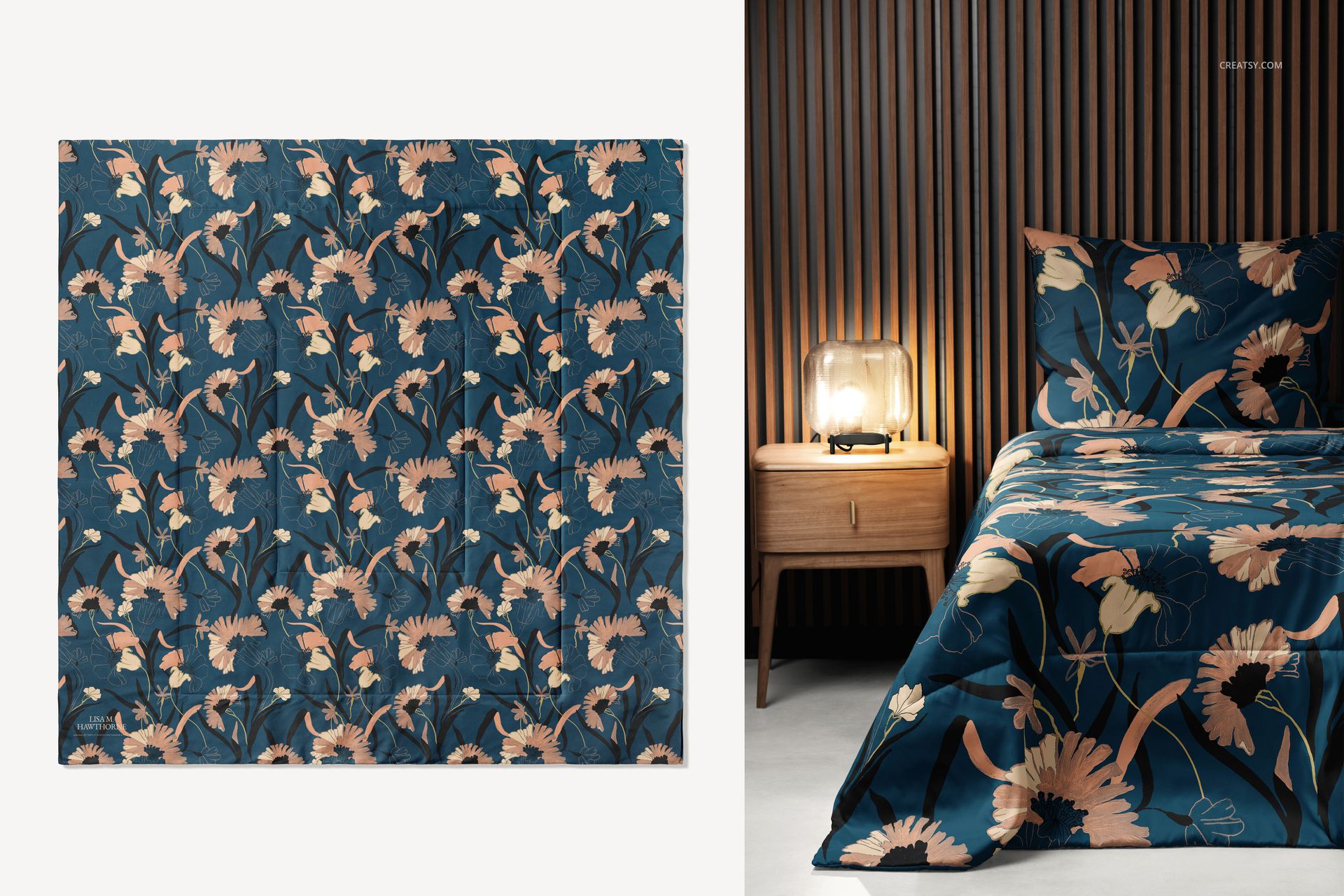PSD mockup of a microfiber comforter featuring a botanical design, displayed both flat and on a made-up bed.