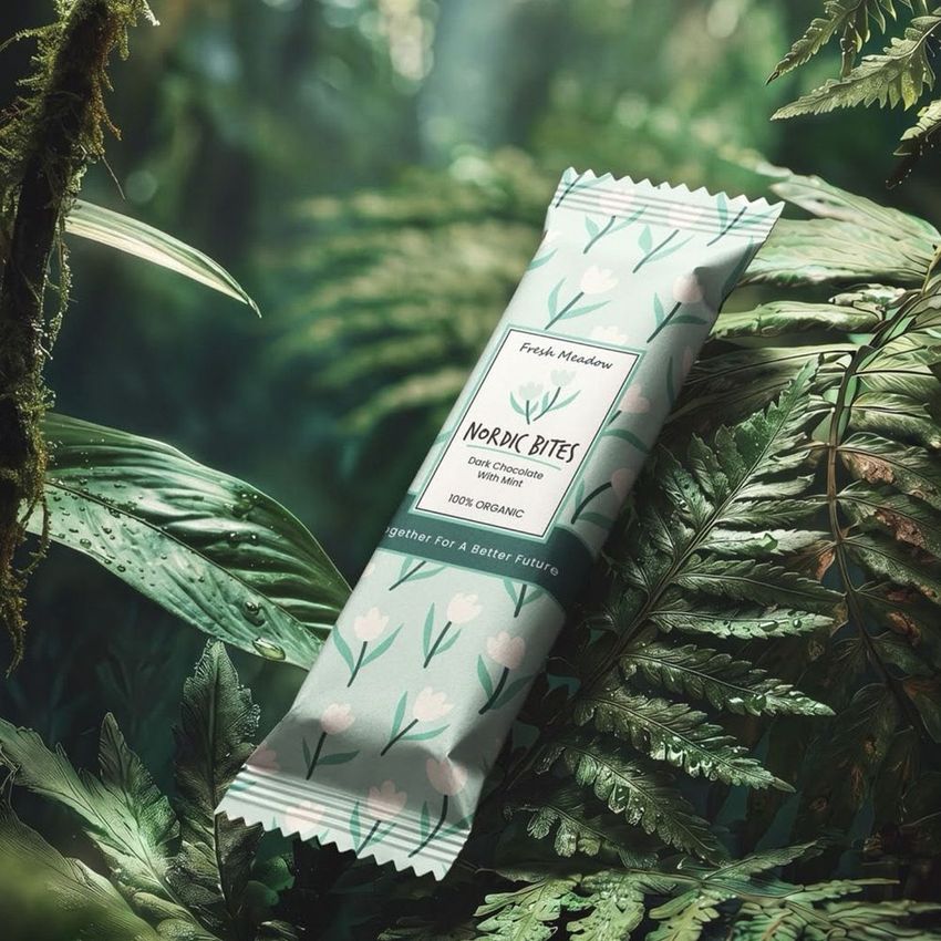 Candy bar packaging mockup featuring a floral design, placed on lush green tropical foliage in a jungle setting.