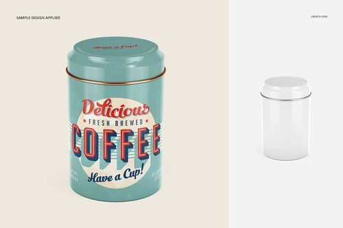 Front view of a cylindrical metal canister mockup, one with a vintage coffee label design and one plain white, on a light background.