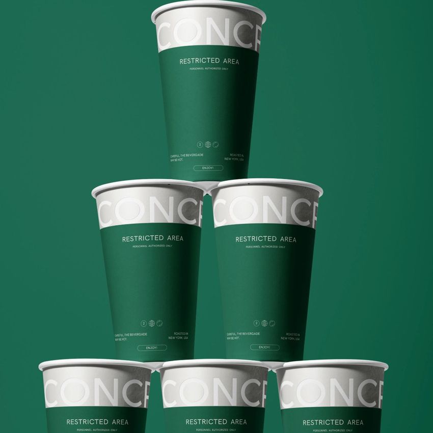 Paper cup mockup featuring six green cups arranged in a pyramid against a solid green background, with white text and accents.