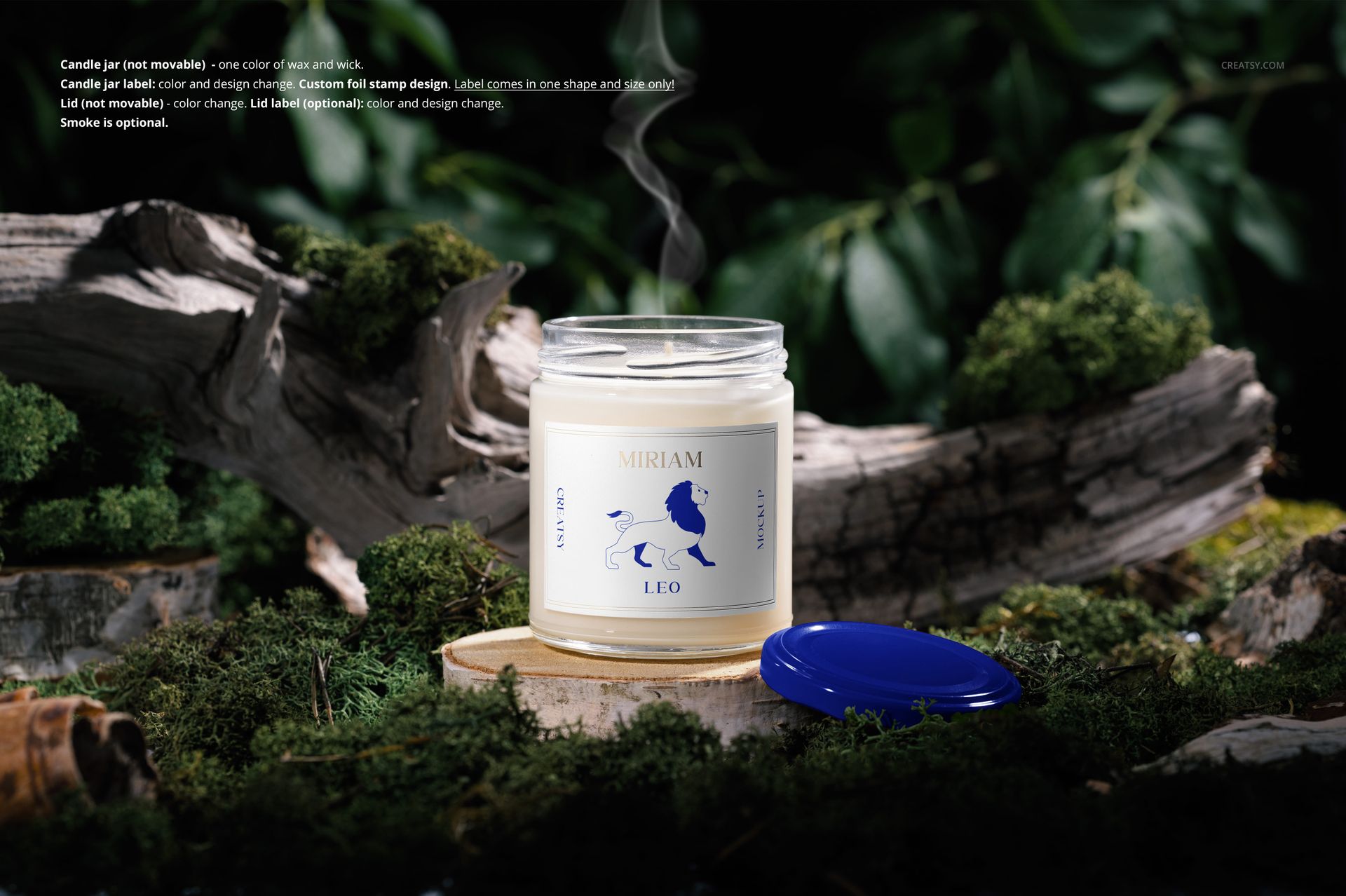 Front view of a 9oz soy candle mockup jar with custom label, blue lid, and gentle smoke, set on natural moss and wood.