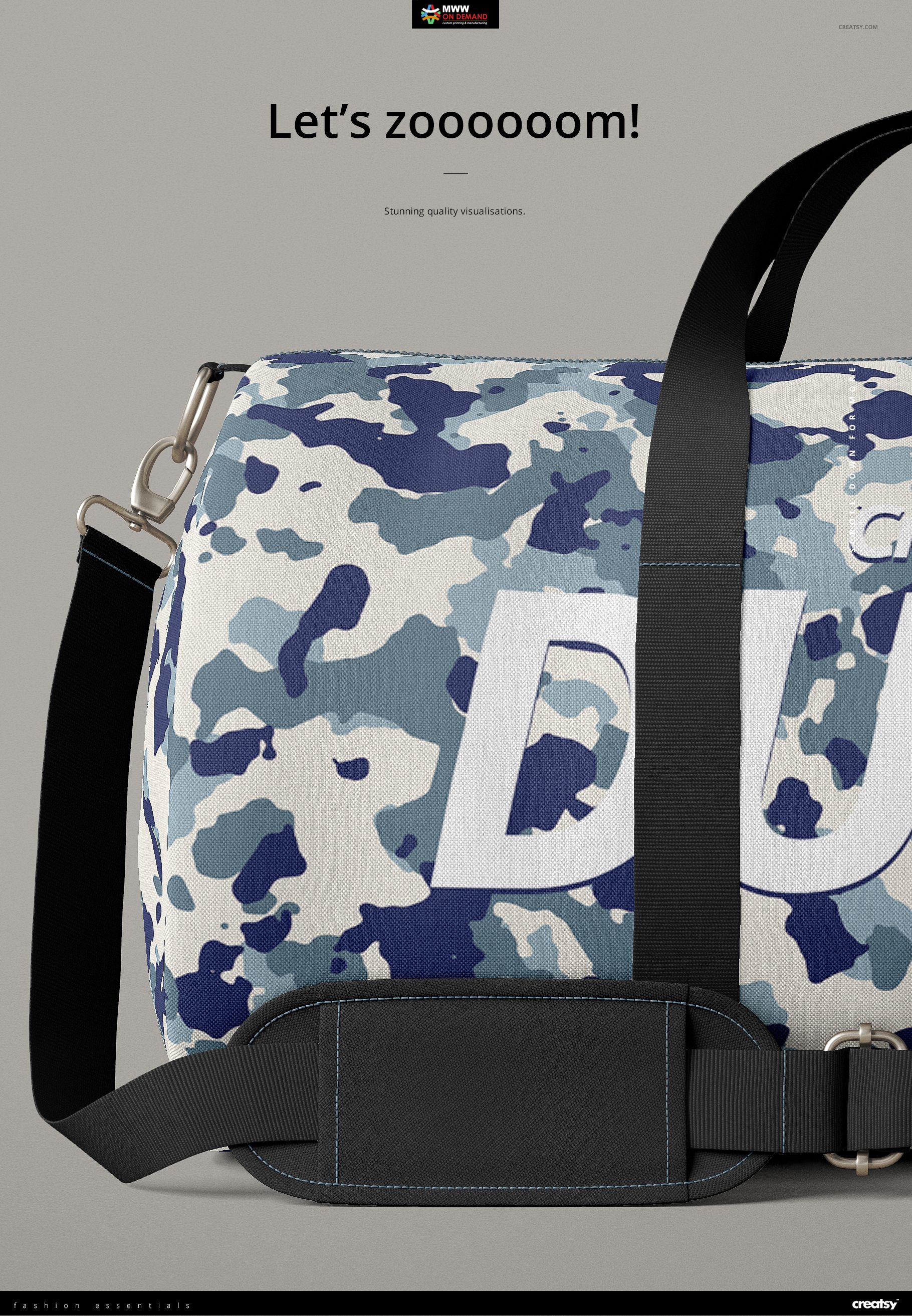 Detailed mockup of a polyester duffel bag featuring a blue and white camo design and adjustable black shoulder strap.
