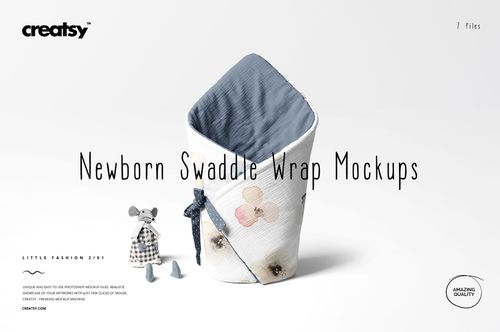 Front view of a newborn swaddle wrap mockup in soft colors, standing upright on a light background with a plush toy nearby.