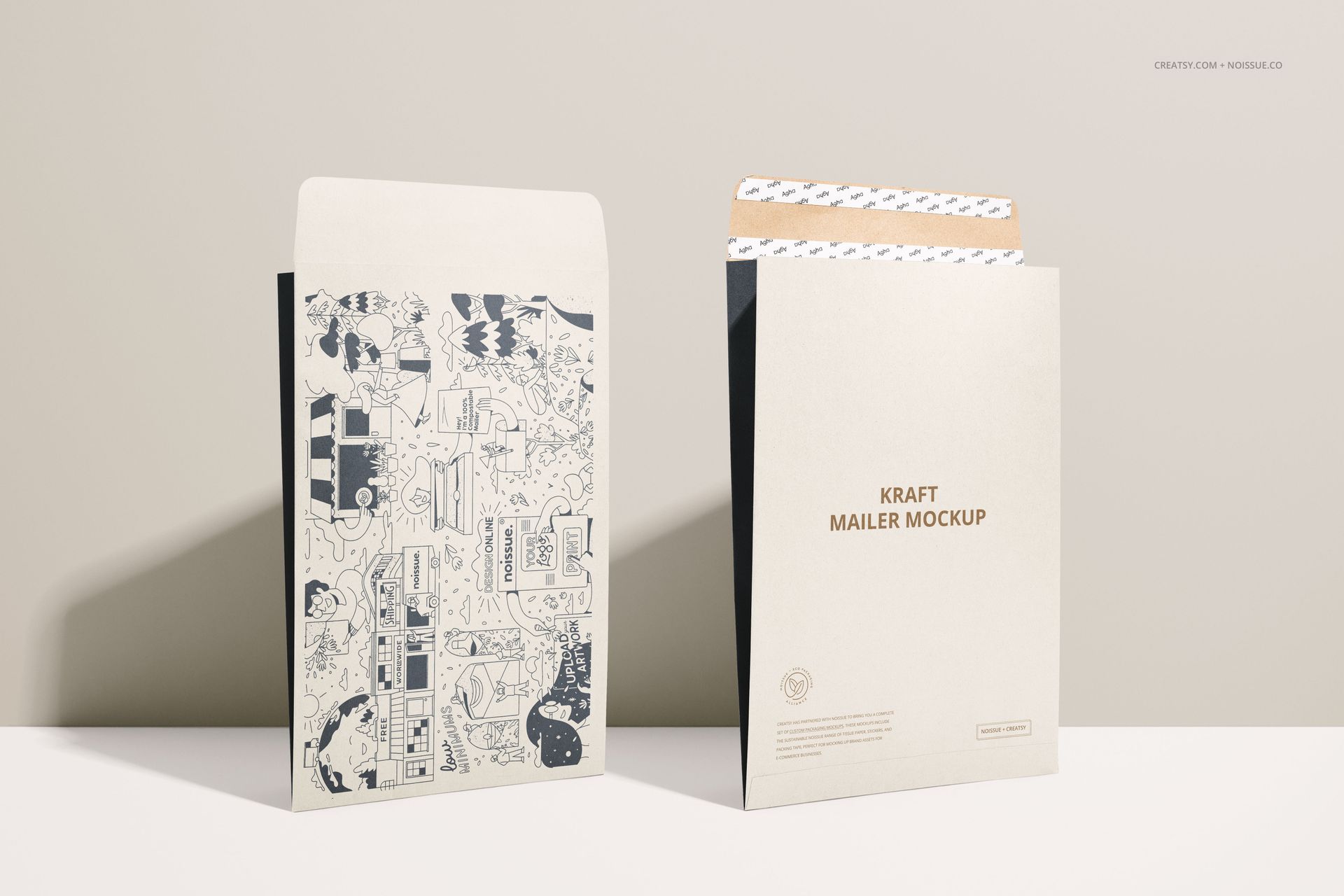 Kraft mailer PSD mockup set showing one mailer with illustrated graphics and another with simple gold lettering.