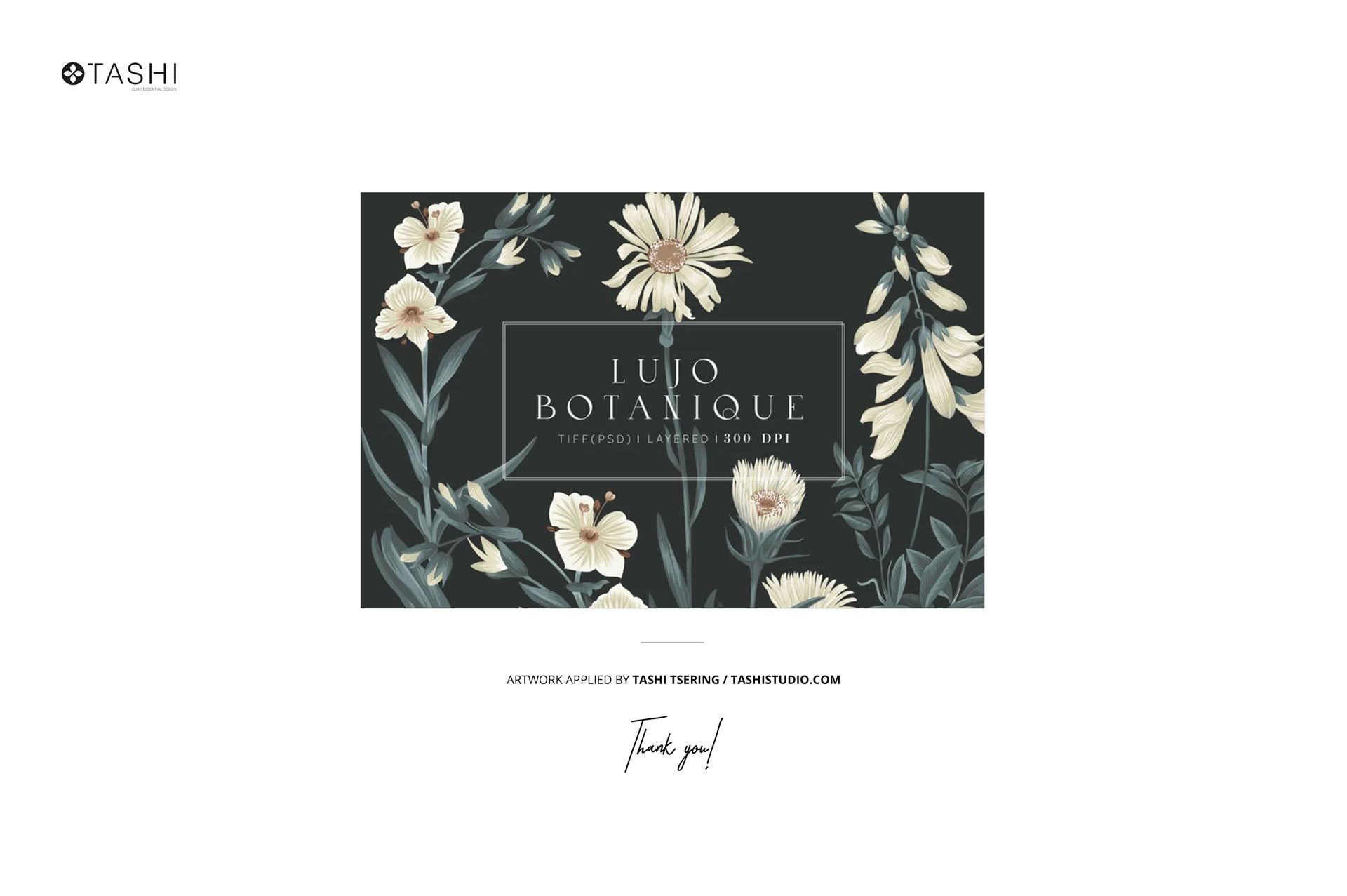 Front view of a tin canister mockup featuring a dark background with cream and yellow botanical floral patterns.