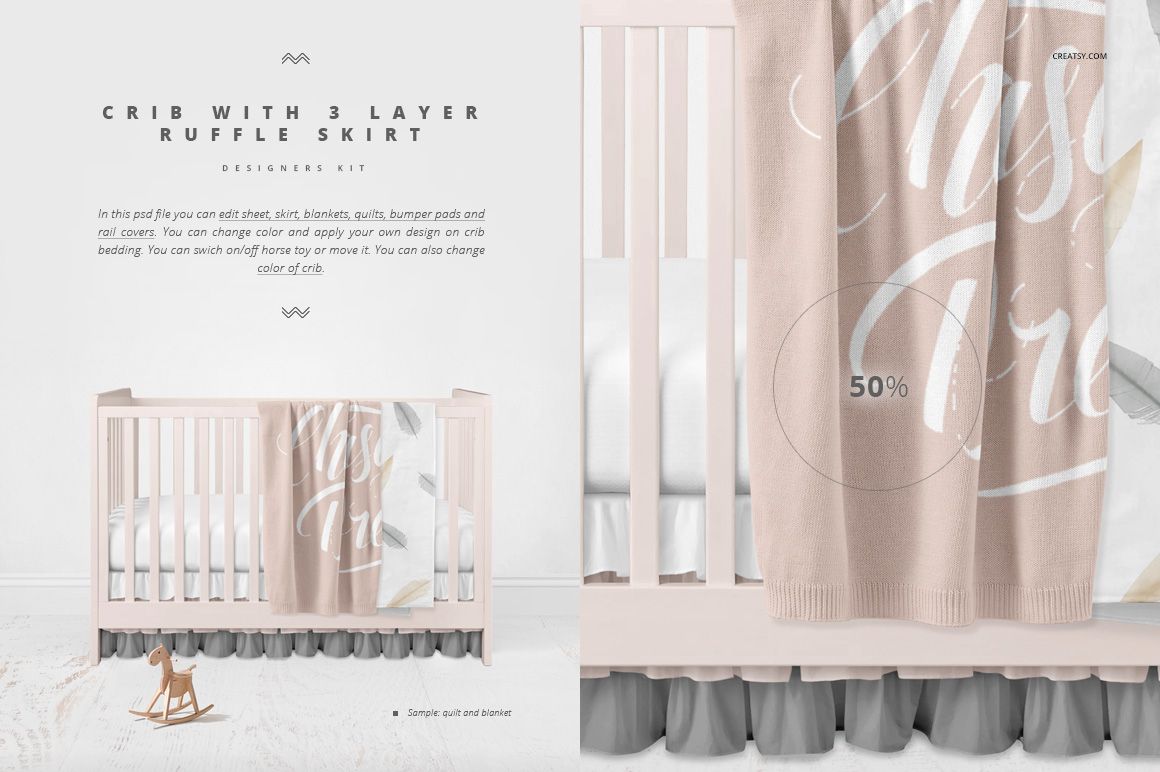 PSD mockup showing a pastel crib with layered ruffle skirt, soft bedding, and a beige blanket in a minimal nursery setting.