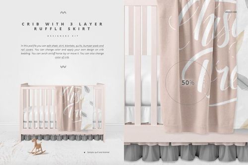 PSD mockup showing a pastel crib with layered ruffle skirt, soft bedding, and a beige blanket in a minimal nursery setting.