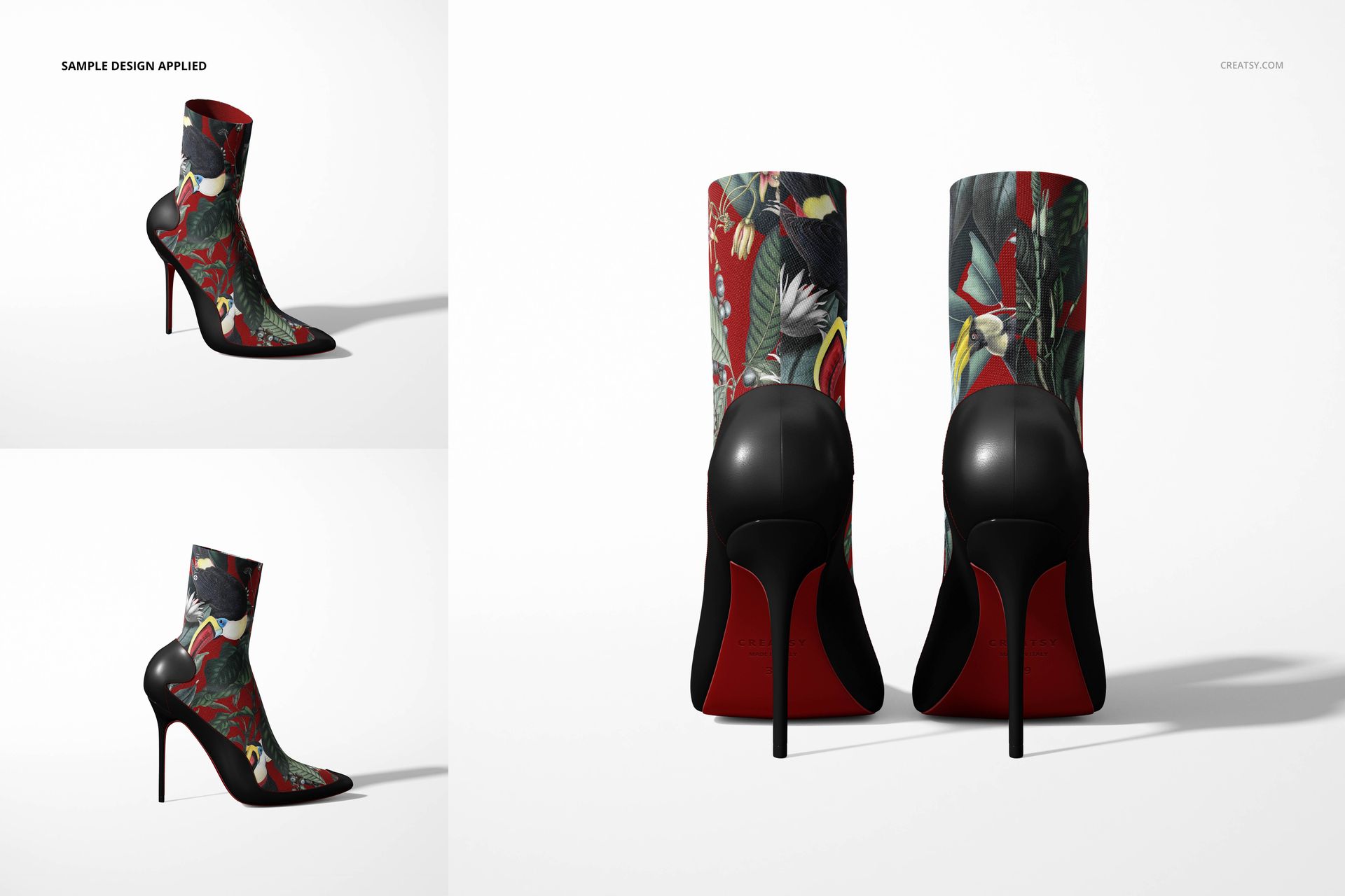 Mockup of fabric ankle boots with a colorful botanical print, displayed in multiple angles against a plain white setting.