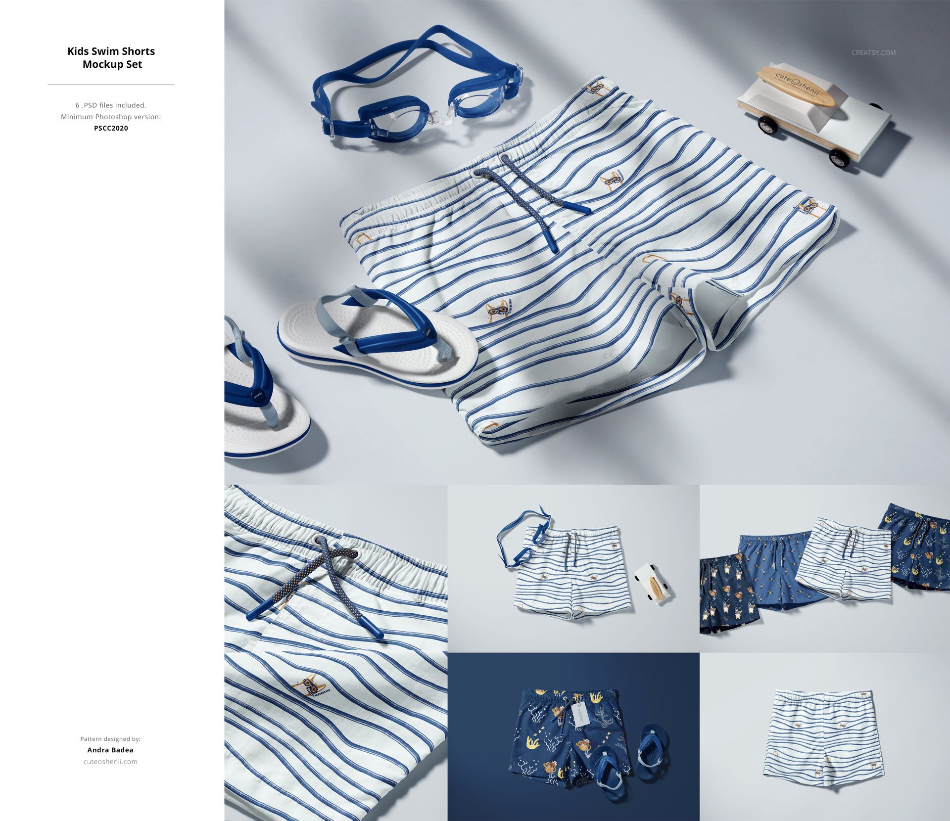 Striped kids swim shorts mockup shown from above, surrounded by blue goggles, flip-flops, and a wooden toy car.