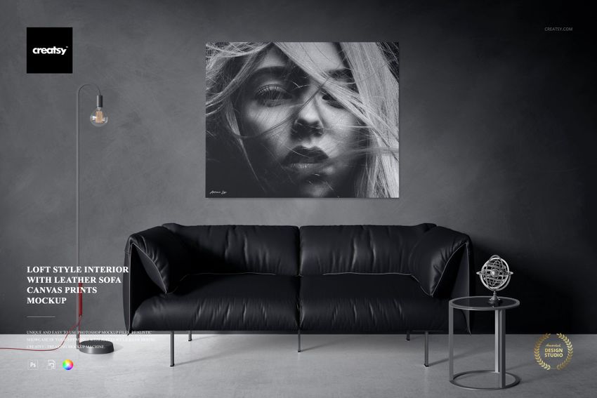 Loft Style Interior with Leather Sofa Canvas Print Mockup - mockup screenshot 1