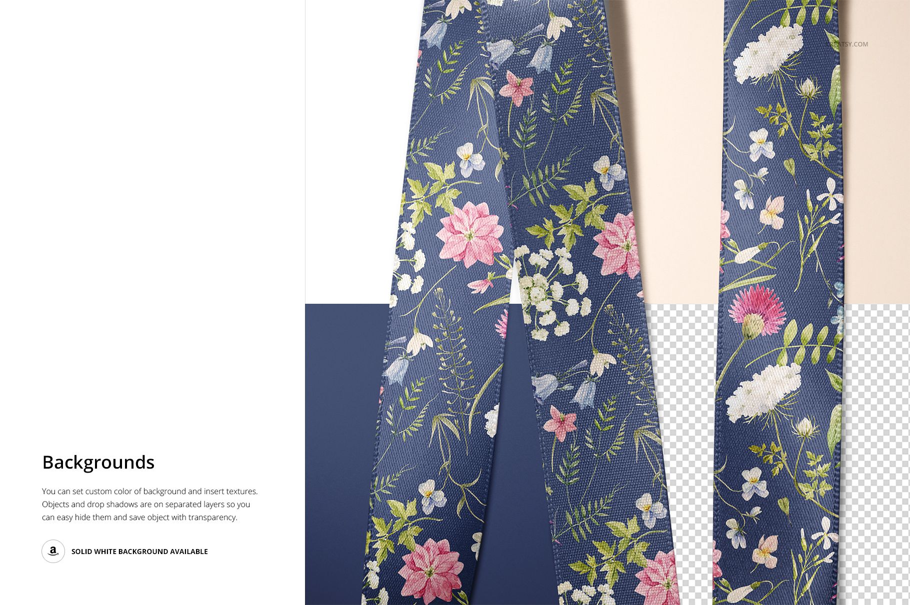 Top view of two patterned ribbons featuring pink, white, and green flowers on a blue base, displayed on a mockup.