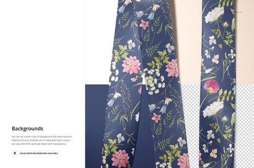 Top view of two patterned ribbons featuring pink, white, and green flowers on a blue base, displayed on a mockup.