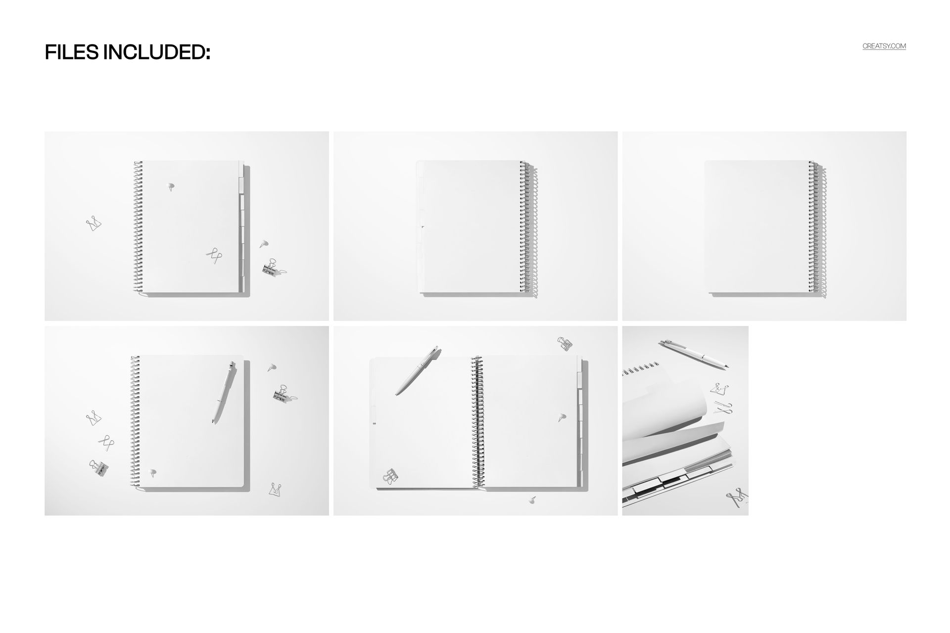 Tabbed weekly and monthly planner mockup set with spiral-bound notebooks shown from various angles on a white background.