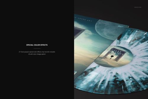 PSD mockup displaying a colored vinyl record with swirling blue and white patterns, positioned in a cover at an angle.